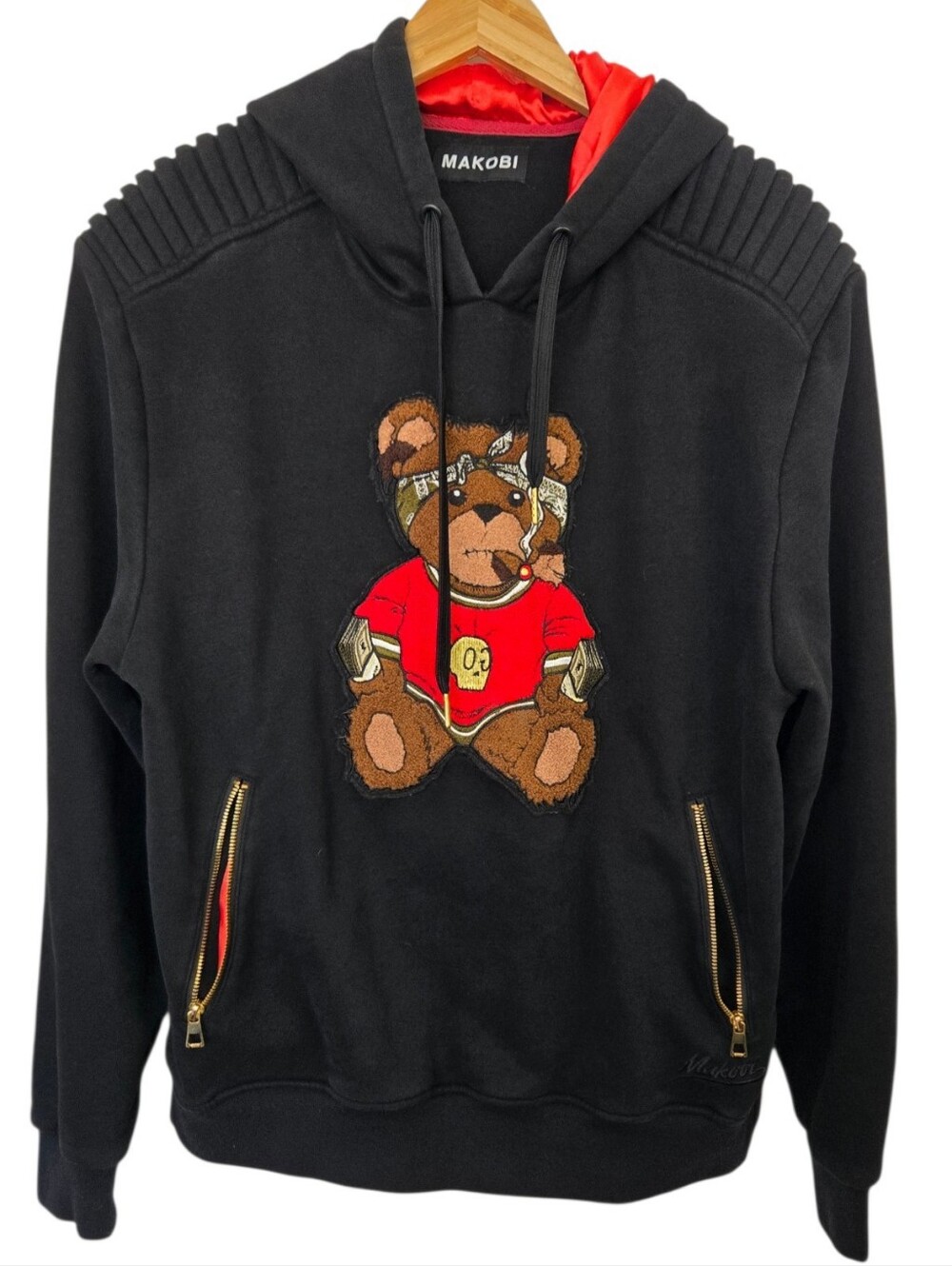 🧸 Makobi Black Teddy Bear Moto Hoodie – Red Satin Hood